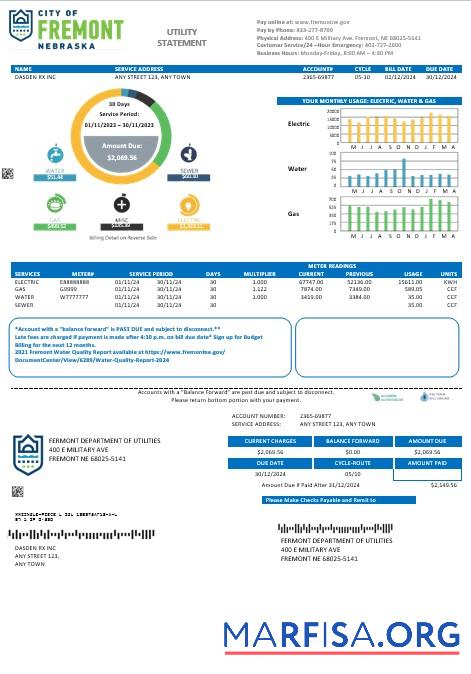 Realistic USA City of Fremont Nebraska business utility bill Word and PDF template